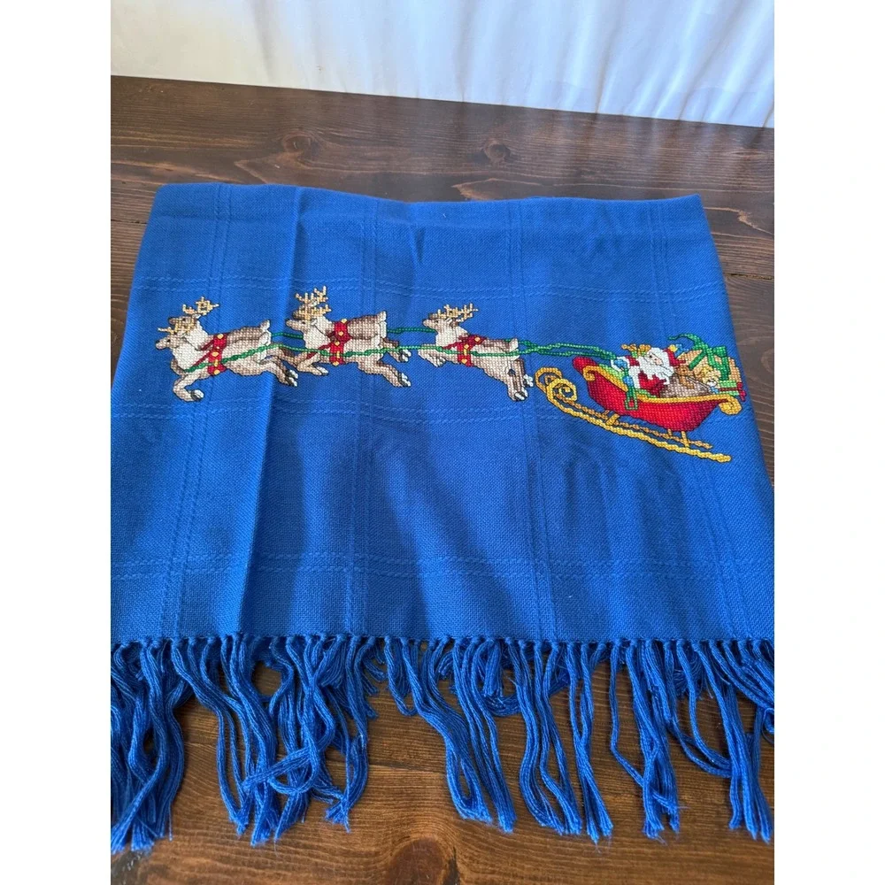 Vintage Christmas Santa Sleigh Reindeer Cross Stitch Blue Fringed Tablecloth